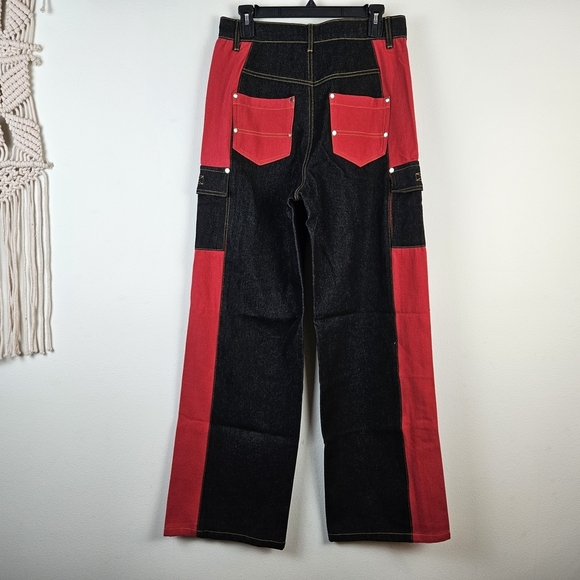 Finesse Black Red Patchwork Wide Leg Jeans Size S US 4-6 NWOT Statement - Picture 4 of 8